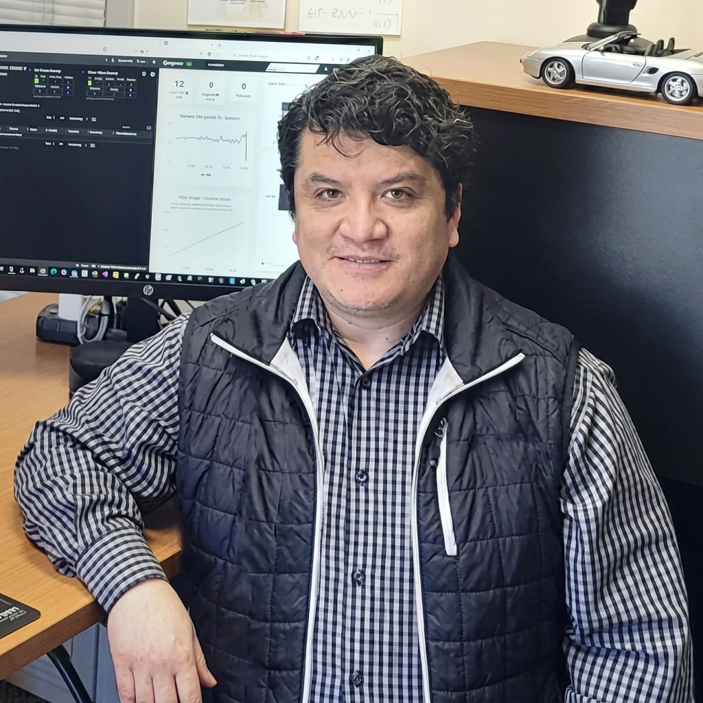 Founder of BitNetica at his desk in the Woodstock office, in front of a monitoring dashboard